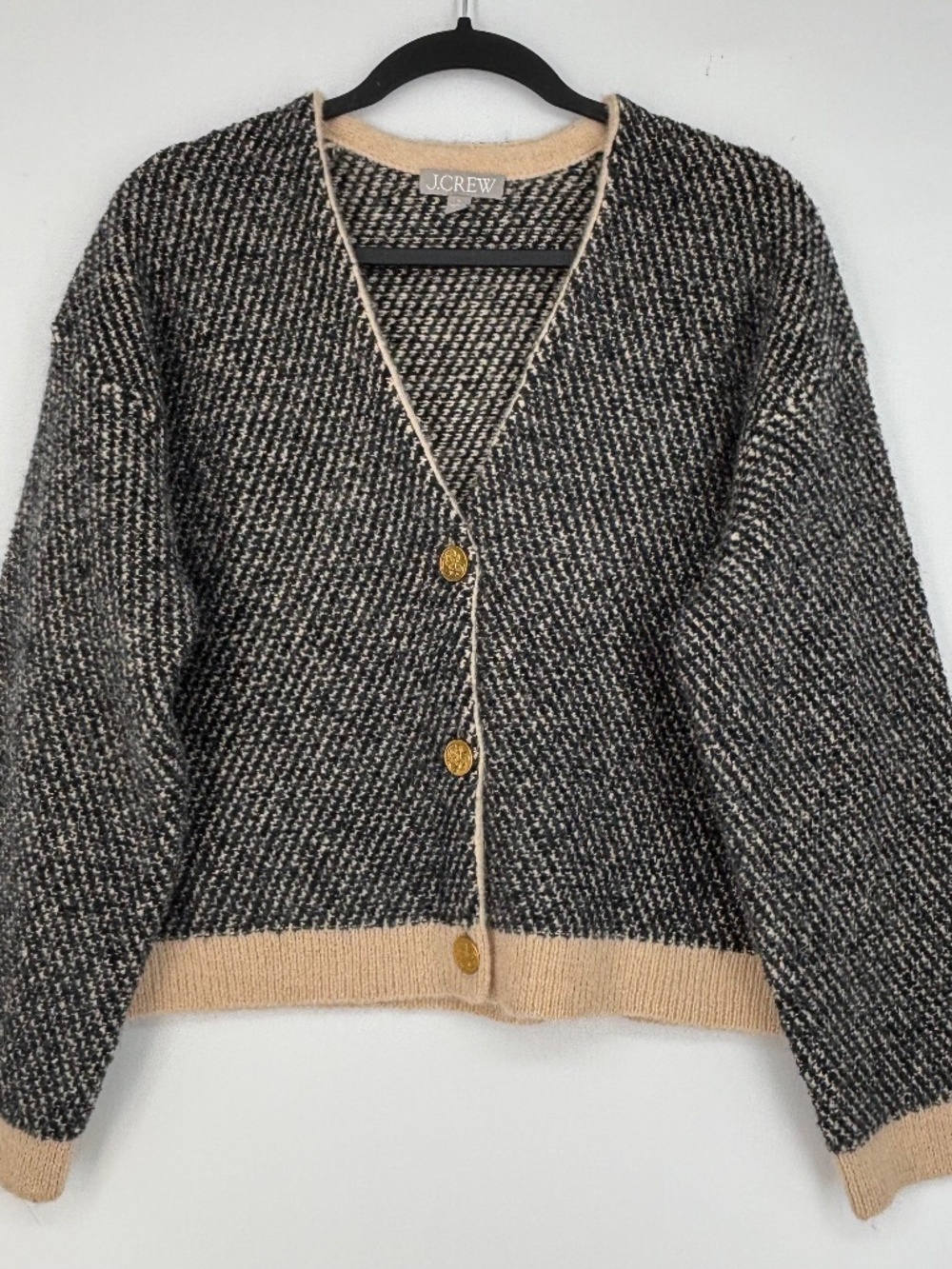 J.Crew Womens Small Jacquard V-neck Lady Jacket Sweater Black Beige Wool Blend